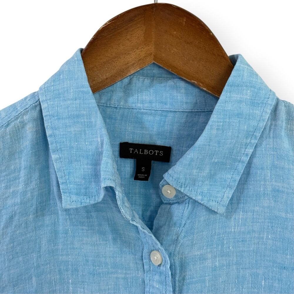 Talbots 100% Linen Button Front Shirt Small Turquoise Blue Long Roll Tab Sleeve - Picture 2 of 8